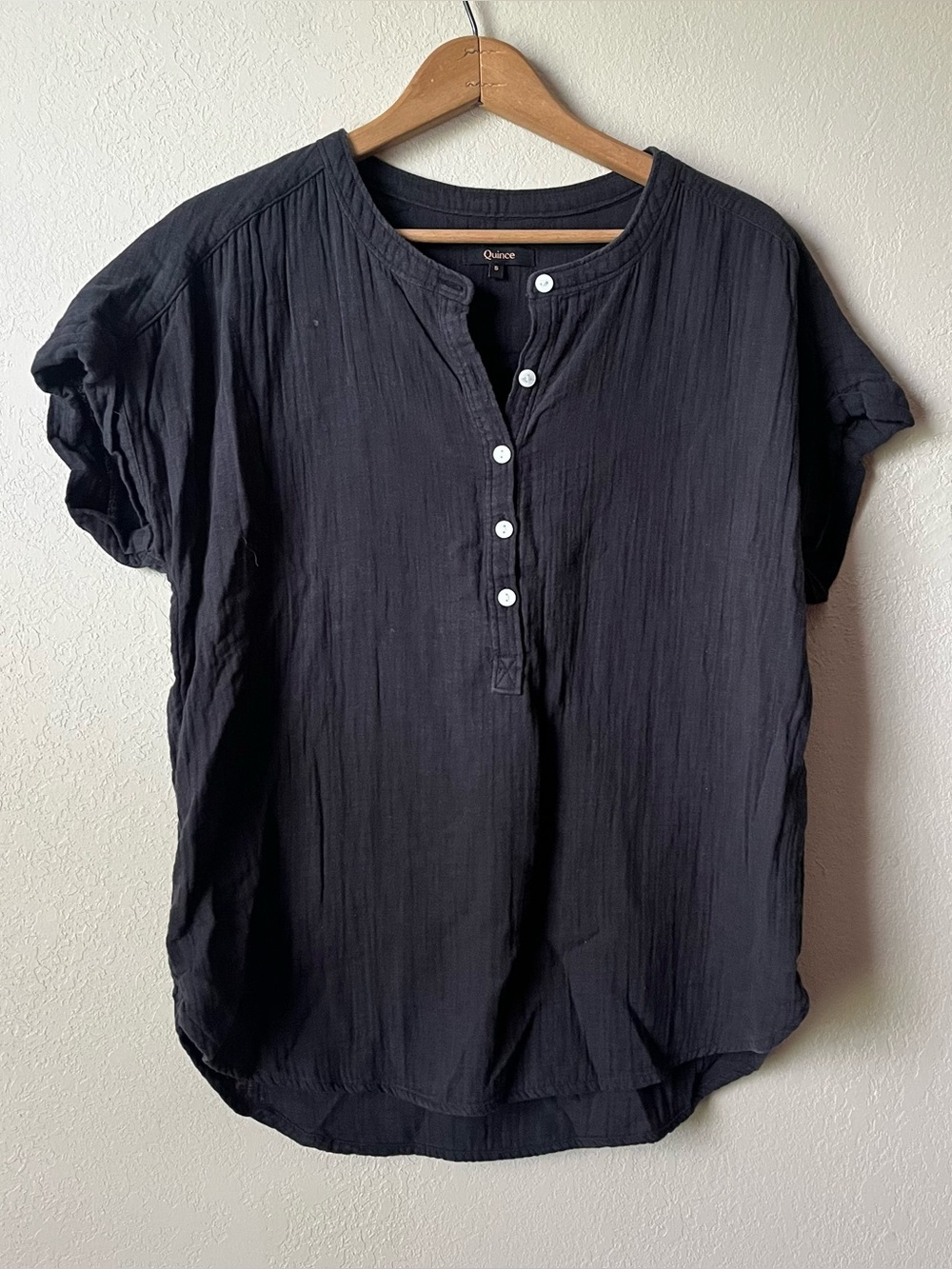 Quince Black Organic Cotton Short Sleeve Button Henley Top